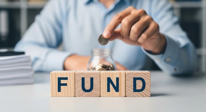 Man putting coin into a glass jar wooden blocks spelling FUND concept for savings investment and financial planning - Powered by Adobe