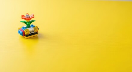 Vibrant toy flower creation pops against a bright yellow background, sparking imagination.