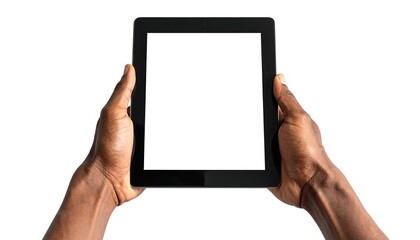 A person holds a black tablet computer with a blank white screen against a pure white background