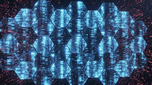 Abstract visual illustrating a glowing blue hexagonal digital firewall system actively protecting critical data and network infrastructure from an aggressive red binary code cyber attack