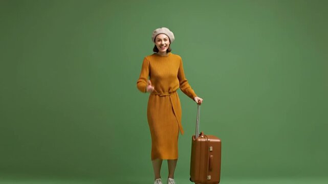 A happy woman in a beret and ribbed dress smiles brightly while walking with a brown rolling suitcase against a vibrant green screen. This cheerful clip perfectly conveys the excitement of travel, vac