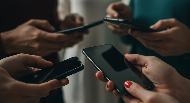 Hands holding modern mobile smartphones, connecting through technology - Powered by Adobe