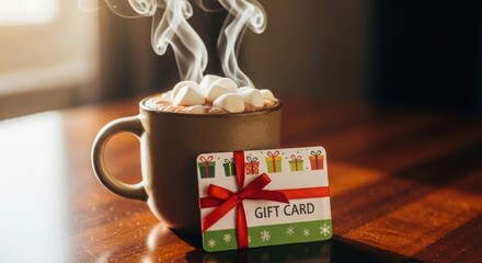 Warm hot chocolate with marshmallows and festive gift card for winter holidays