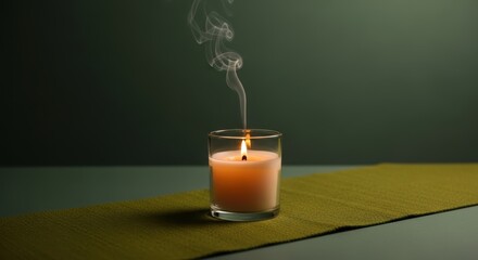 Gentle candle flame flickers, delicate smoke curls upwards in peaceful ambiance