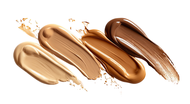 Four swatches of liquid foundation in varying shades, with a glossy finish, on black