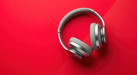 Sleek modern silver headphones on vibrant red background for audio enjoyment