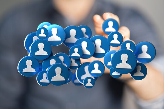 Abstract network of people icons interacting.  Concept of connection, community, social media, and digital collaboration.  Represents  networkin