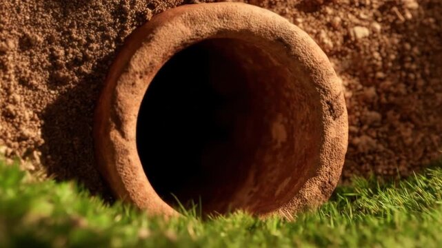 A close-up view of an earthen burrow entrance in lush green grass and sandy soil