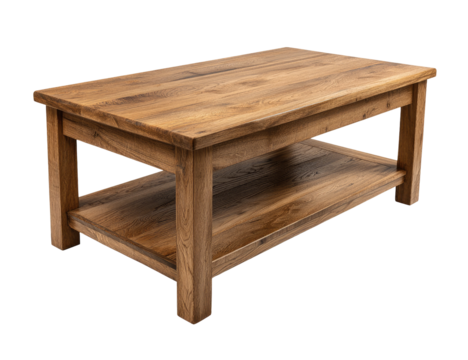 A sturdy rectangular coffee table with a lower shelf, crafted from light brown wood