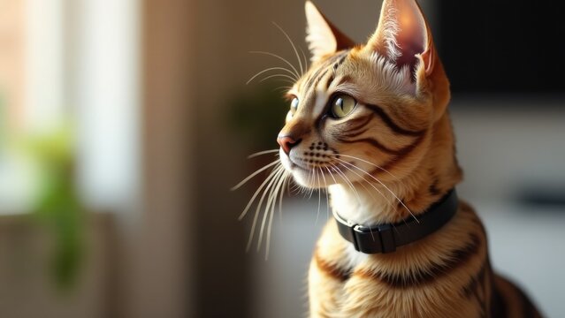 A close-up view of a cat wearing a collar, perfect for pet-related content or as a symbol in designs