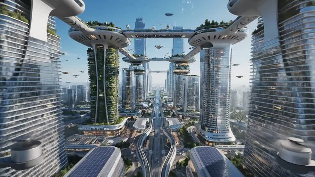 Futuristic city featuring a high-tech transport hub with solar panels, high-speed trains, and flying vehicles, symbolizing sustainable urban development and advanced transportation solutions