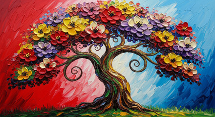  3D relief wallpaper Oversized Floral Tree 3D Oil Art . Luxurious textile tile wall art