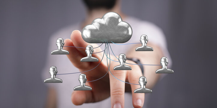 Digital network cloud computing data concept. Sharing and security, business technology concept. Connecting peo