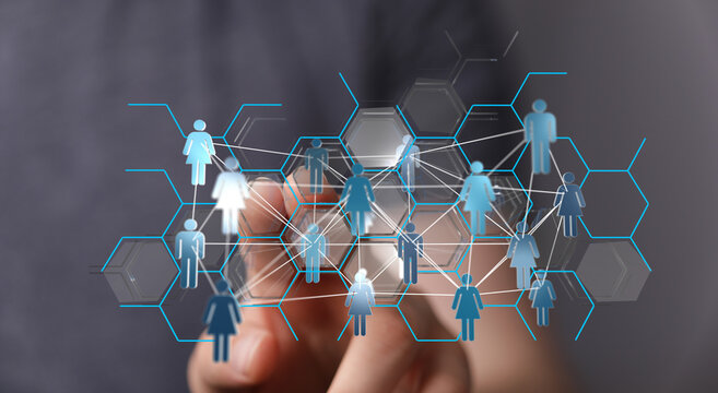 Abstract network of people connected by lines and hexagons, symbolizing communication and globalization. Teamwo - Powered by Adobe