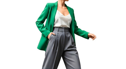 Woman Walking in Green Blazer White Top and Gray Pants Full Body Fashion Style PNG Illustration