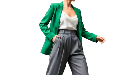 Woman Walking in Green Blazer White Top and Gray Pants Full Body Fashion Style PNG Illustration