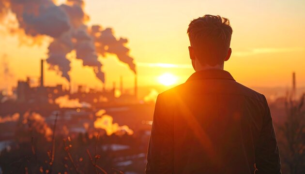 A person watches an industrial site during sunset, with smoke billowing against the colorful sky - Powered by Adobe