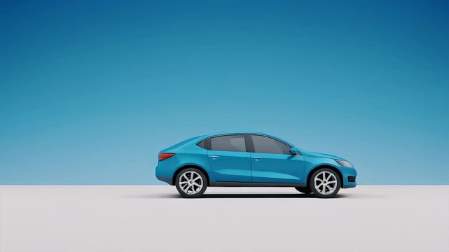 Sleek and modern blue sedan car in a side view profile, isolated on a simple studio background with blue and white colors. Concept of automotive design and transportation