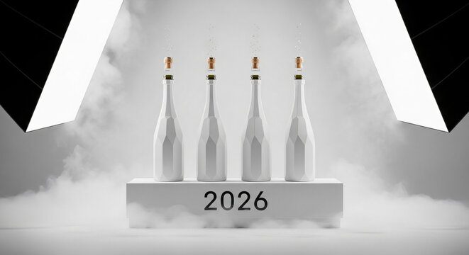 Four popping abstract champagne bottles celebrating the year 2026 minimalism
