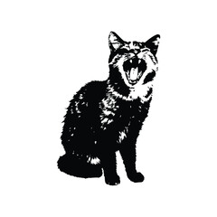 Black and white illustration of a yawning cat, retro vintage vector art