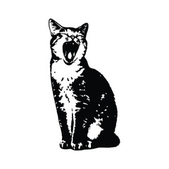 Black and white illustration of a yawning cat, retro vintage vector art