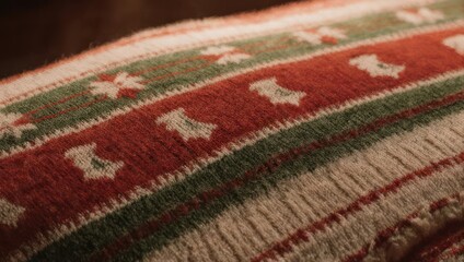 Close-up of a textured knit blanket with holiday patterns in red, green, and white