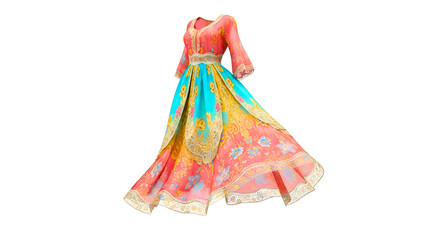 Isolated View of Vibrant Long Dress with Floral Patterns and Flowing Design PNG Illustration