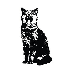 Black and white illustration of a yawning cat, retro vintage vector art