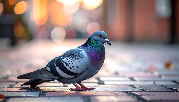 A pigeon stands on a bricked path, blurred lights in the background give it depth