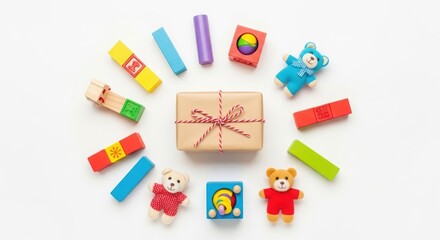 Bright playful toys and a gift box arranged in a circle for festive holiday cheer