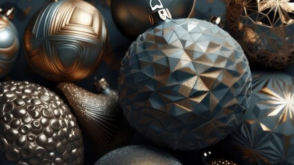 Close-up of festive spherical ornaments, various textures, golden & silvery tones