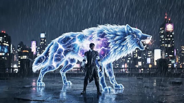 Akito izuki focusing energy, casting out spectral abilities, with glowing symbols empowering spiritual power in a dark, neon-lit rainy tokyo city environment at night
