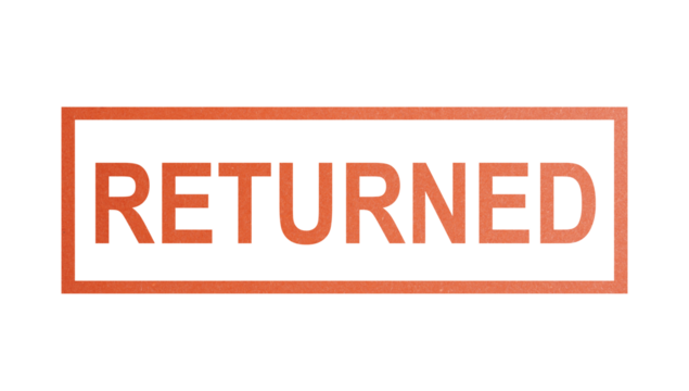 RETURNED. stamp with rough texture, rectangular frame.