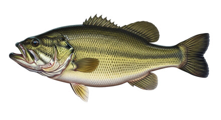 Isolated Largemouth Bass, popular freshwater gamefish with olive green color and dark markings