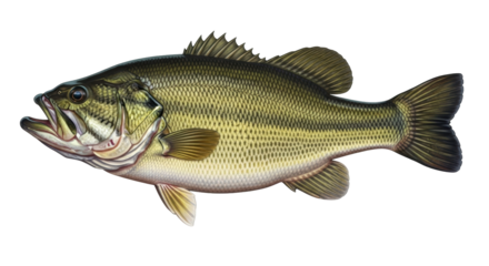 Isolated Largemouth Bass, popular freshwater gamefish with olive green color and dark markings