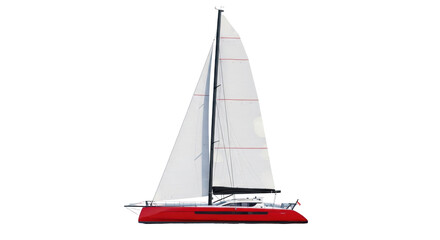 Isolated sleek red sailing catamaran with white sails, ready for adventure out on the open water