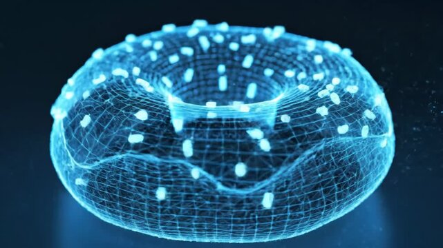 Blue wireframe torus with glowing nodes and interlinked lines forming a futuristic network visualization representing global internet communication, ai, big data and cyberspace