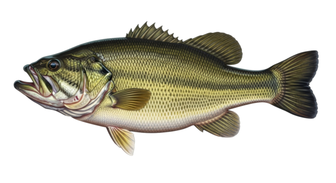 Isolated Largemouth Bass, popular freshwater gamefish with olive green color and dark markings