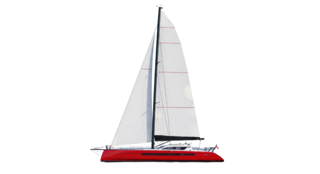 Isolated sleek red sailing catamaran with white sails, ready for adventure out on the open water