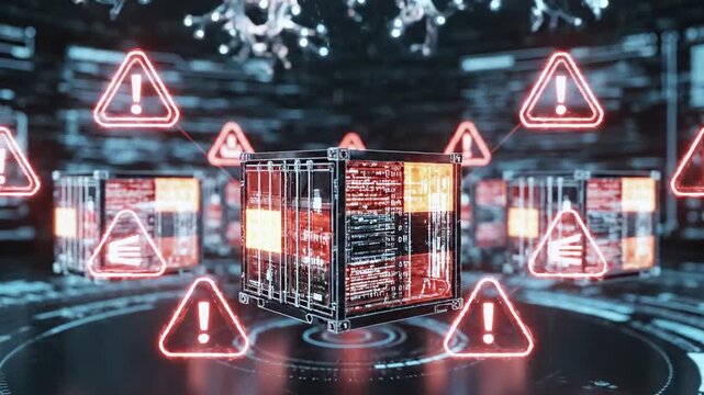 Futuristic digital scene with cargo containers, data streams, and glowing beams of light - Powered by Adobe