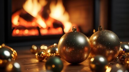 Festive close-up of gold Christmas ornaments on a wooden surface before a fireplace