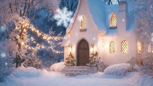A picturesque, snow-covered cottage with a charming thatched roof and warm, glowing windows stands majestically in an enchanting winter wonderland. The quaint dwelling is surrounded by frost-dusted tr