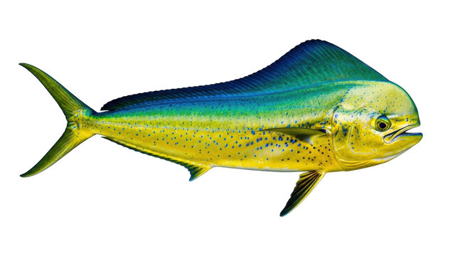 Isolated male dolphinfish, also called mahi-mahi or dorado, in profile with vivid coloring
