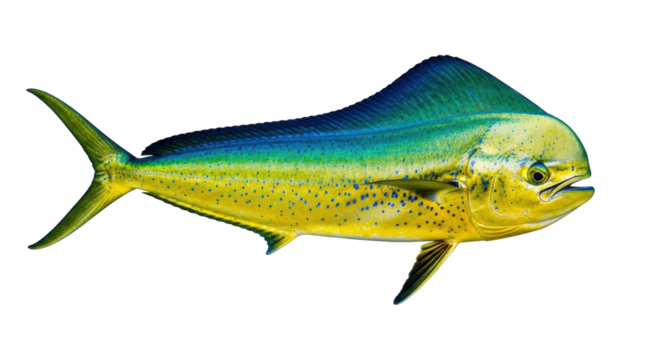 Isolated male dolphinfish, also called mahi-mahi or dorado, in profile with vivid coloring