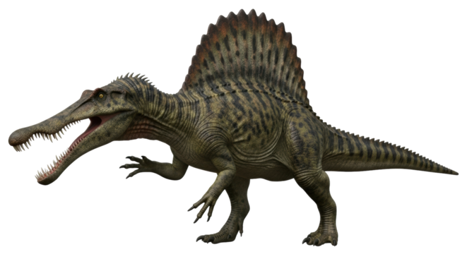 Isolated Spinosaurus dinosaur prehistoric predator, extinct Jurassic animal species on display