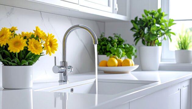 A bright, modern kitchen features a polished chrome faucet running into a clean white sink, with plants and lemons