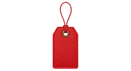 Isolated red leather luggage tag for baggage or travel, with metal eyelet and loop handle