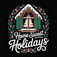 Christmas cabin with tree and festive wreath and text Home Sweet Holidays