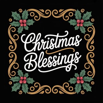 Christmas Blessings framed by holly and gold swirls