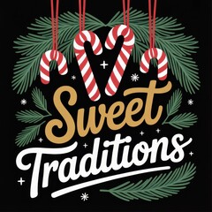 Christmas Candy Canes and Pine Branches Sweet Traditions Text